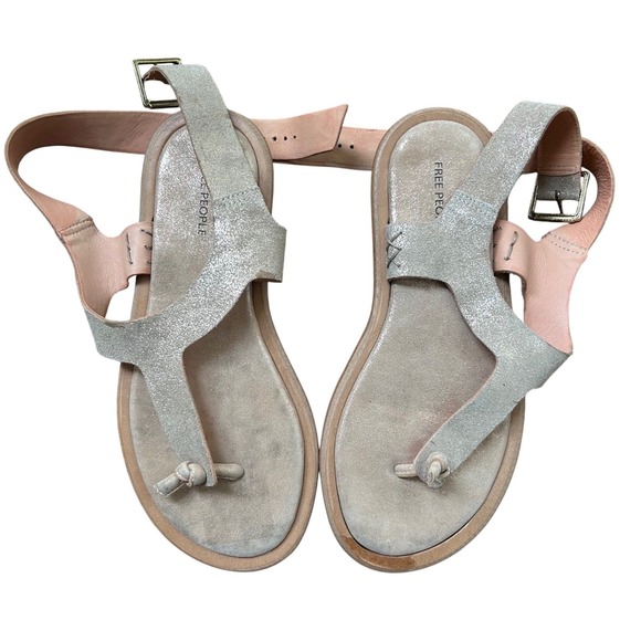 Free People Shoes - Free People Metallic Leather Platform Thong Sandals Buckle Strap Boho Size 6 NEW